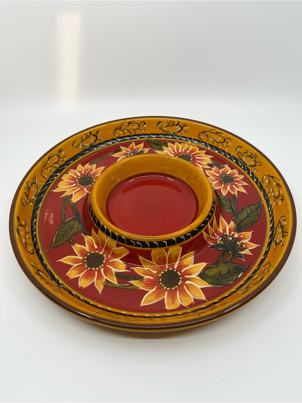 Pier 1 Imports Sunflower Chip & Dip Platter Hand Painted Terracotta Red Yellow